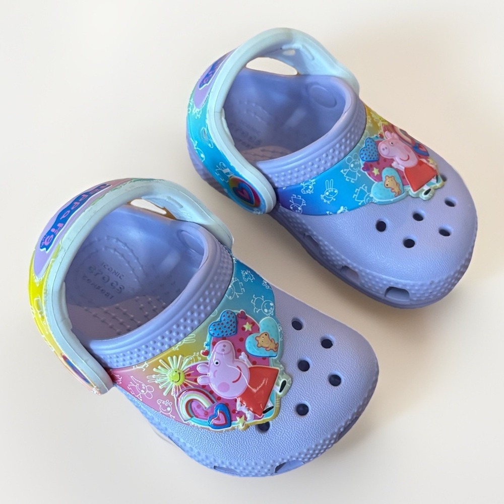Crocs Peppa Pig Toddler Girl Size 4 C Purple Rainbow Vacation Beach NEW NO TAGS‎